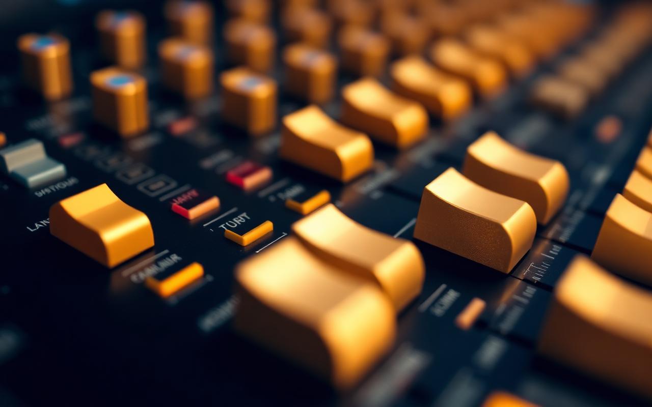 Gold-lit faders on a vintage console