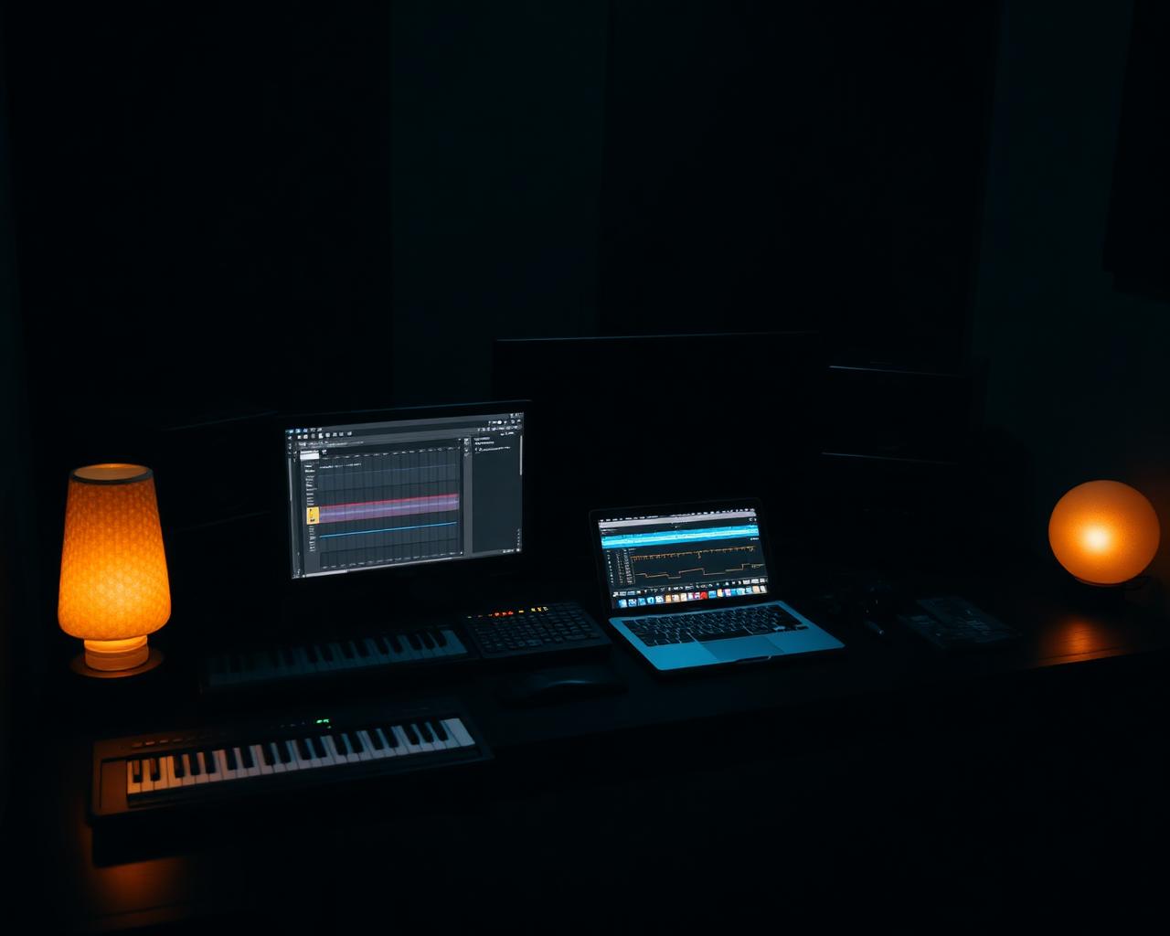 Producer desk with monitors and MIDI keyboard